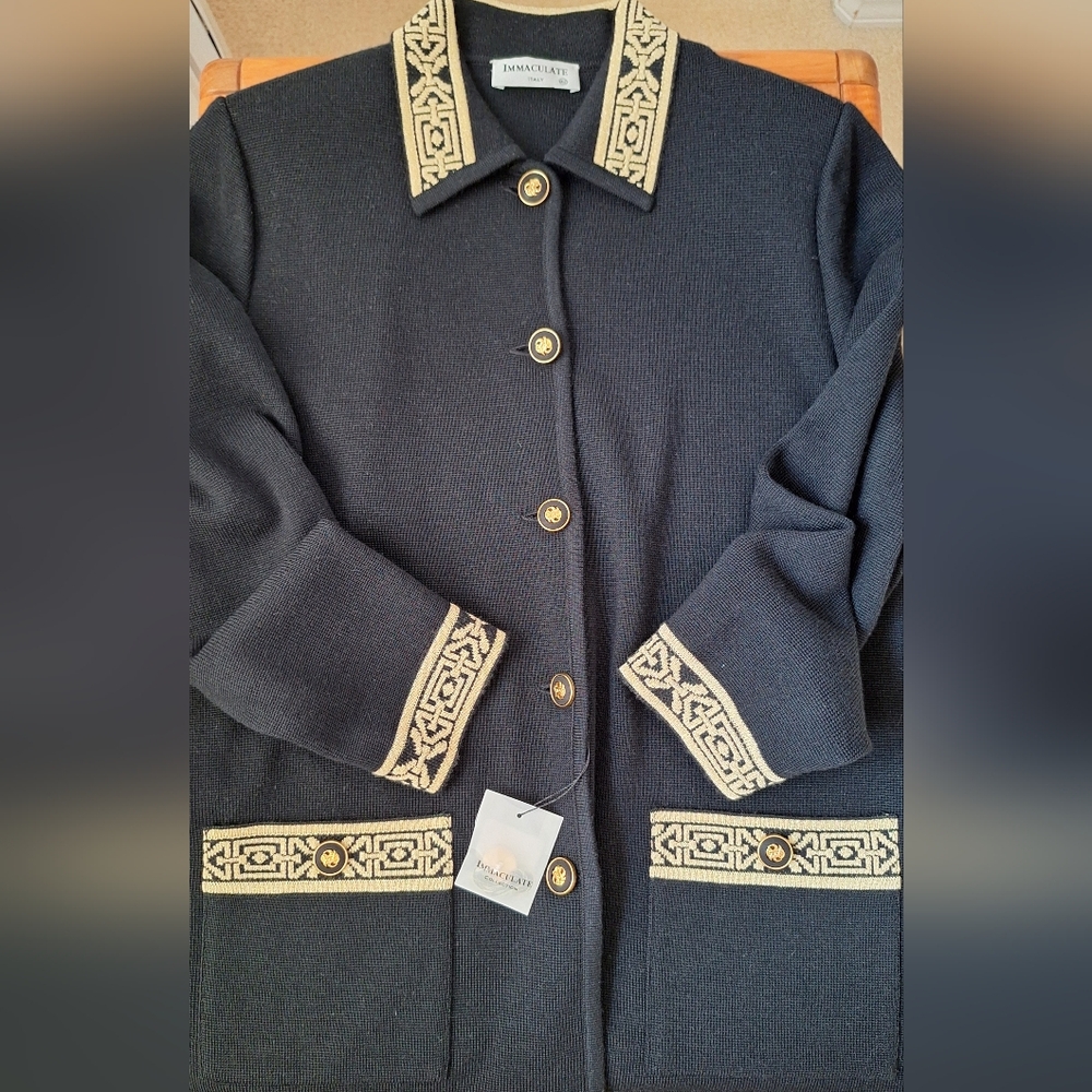 Vintage Wool Blend Knit Cardigan Jacket Italy Embellished Old Money Womens M/L